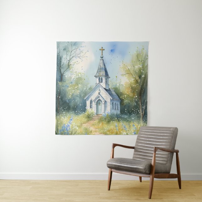 Tenture Chemin rustique d'église dans une prairie de fleur (En situation)