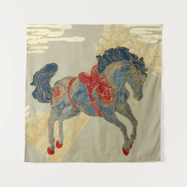 Tenture Cheval bleu royal orné  (Devant)