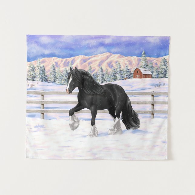 Tenture Cheval d'attelage noir et blanc de la bannière Tzi (Devant (Horizontal))