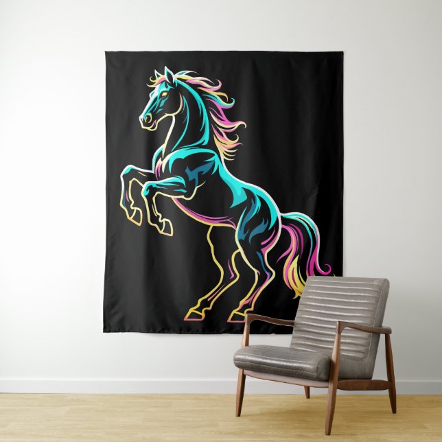 Tenture Cheval Enseigne au Néon Style Rétro Glitch (En situation)
