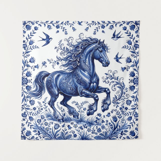 Tenture Cheval frison de style Delft Delftware dans un pré (Devant)