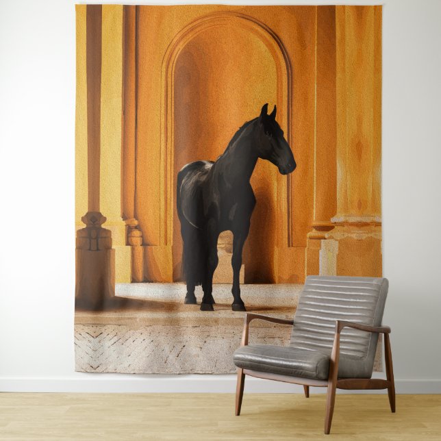 Tenture Cheval noir élégant dans une arche dorée (En situation)