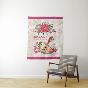 Tenture Cheval rocheux victorien et Poinsettia Noël