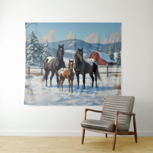 Tenture Chevaux Appaloosa noirs sur une ferme en hiver