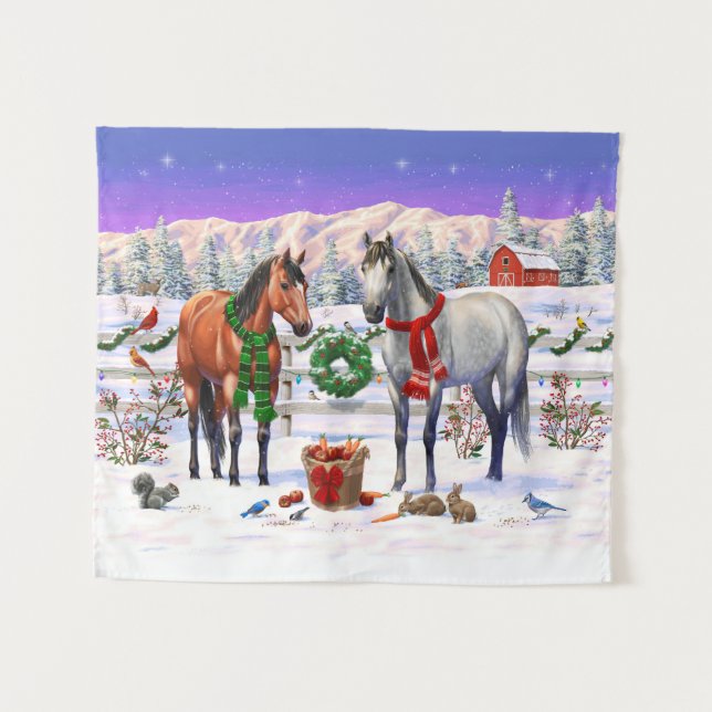Tenture Chevaux de Noël en neige (Devant (Horizontal))