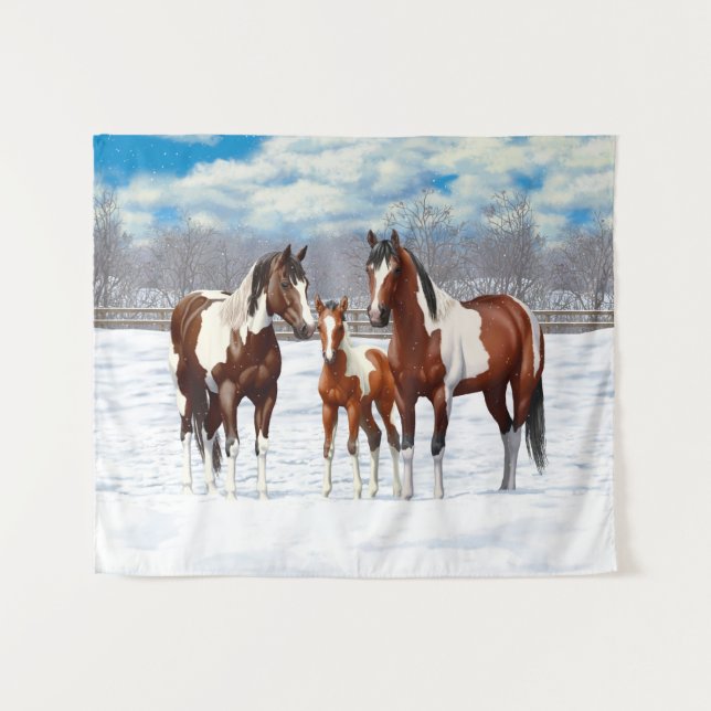 Tenture Chevaux De Peinture De Baie Pinto En Neige D'Hiver (Devant (Horizontal))