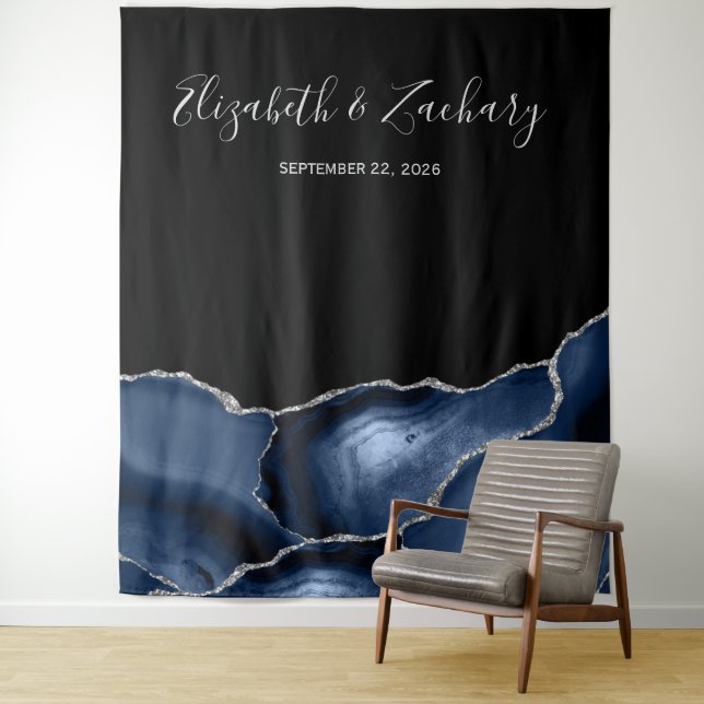 Tenture Chic Bleu Nuit Argent Agate Mariage Photobooth (En situation)