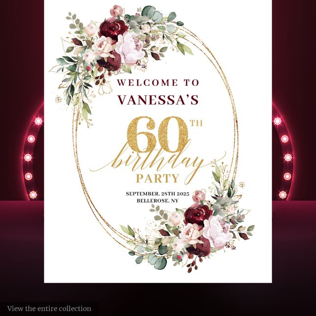 Tenture Chic Boho Bourgogne Or Eucalyptus Toile de Fond 60 (Chic Boho Burgundy Gold Eucalyptus 60th Backdrop)