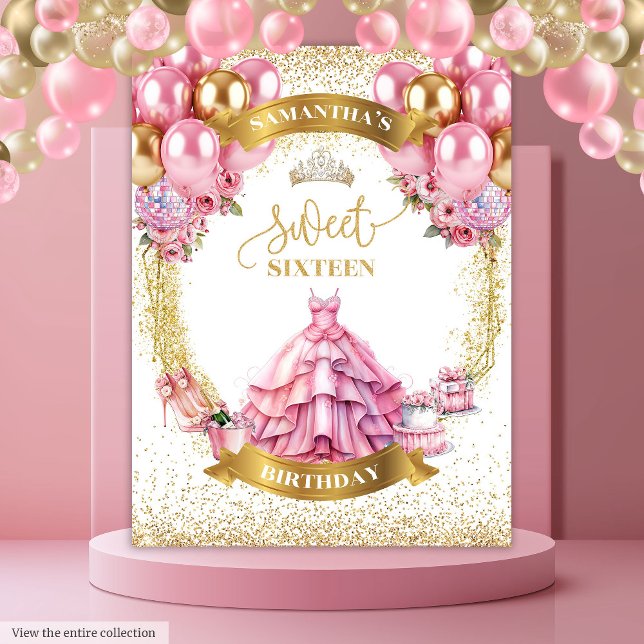 Tenture Chic Sweet 16 Bannière Parties scintillant Ballons (Chic Sweet 16 Banner Pink Gold Balloons Glitter)