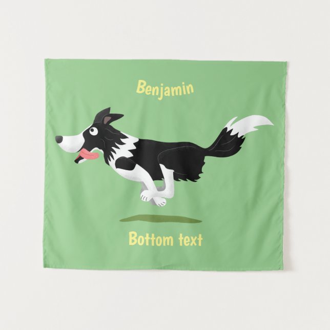 Tenture Chien Border Collie drôle courant dessin animé (Devant (Horizontal))