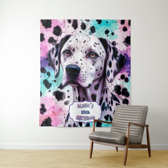 Tenture Chien Dalmatien Rose Violet Turquoise Anniversaire (En situation)
