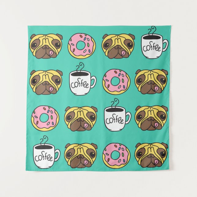 Tenture Chiens amusants, beignets, motif de café. (Devant)