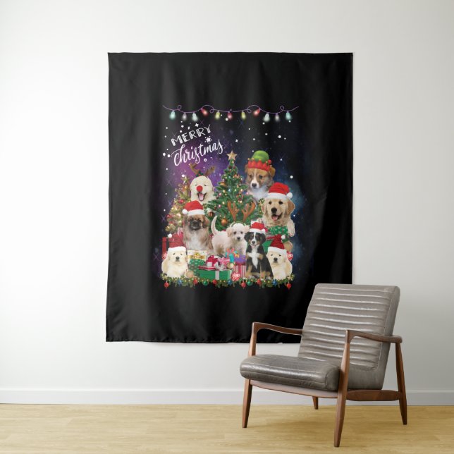 Tenture Chiens Joyeux Noël Lumière (En situation)