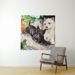 Tenture Chiens Scottie Blackie et Whitie pêchant