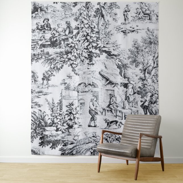 Tenture Chinoiserie Toile Noir Blanc Style Rustique (En situation)
