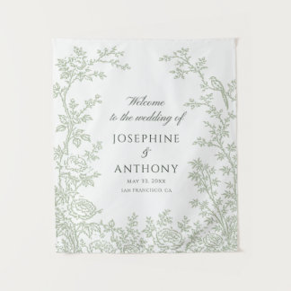 Tenture Chinoiserie Vert Sauge Fleurs Mariage Bienvenue