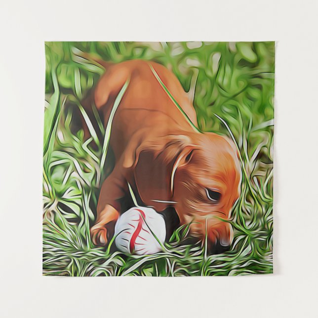 Tenture Chiot Dachshund Posé Dans L'Herbe Avec Ball Xmas P (Devant)
