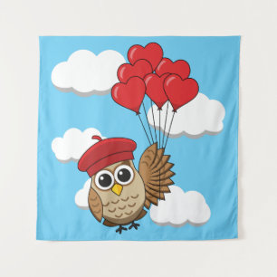 Tenture Chouette mignonne volant avec des ballons en forme