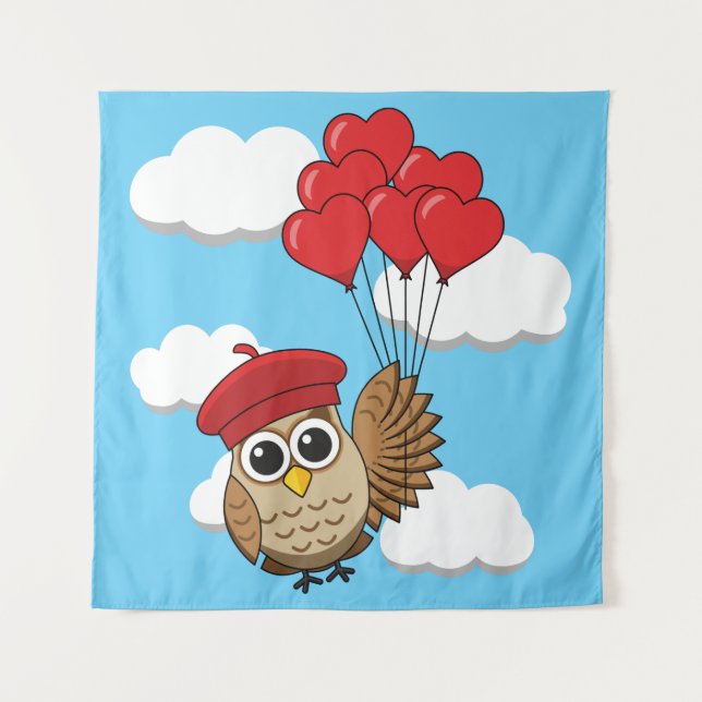 Tenture Chouette mignonne volant avec des ballons en forme (Devant)