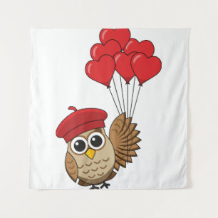 Tenture Chouette mignonne volant avec des ballons en forme