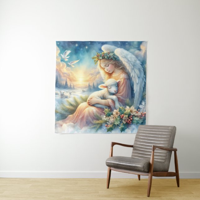 Tenture Christmas Angel with Lamb in Winter Peace (En situation)