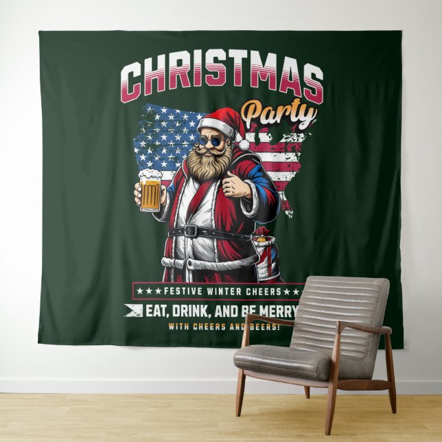 Tenture Christmas Party Santa Tapestry | Festive Wall Deco (En situation (horizontale))