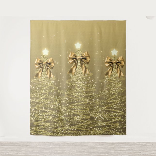 Tenture Christmas Sparkling Trees Gold Faux Bow  (Devant)