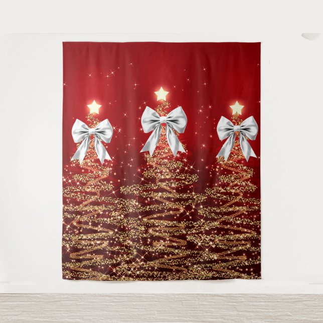 Tenture Christmas Sparkling Trees Red Gold Silver Bow  (Devant)