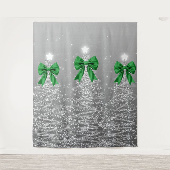 Tenture Christmas Sparkling Trees Silver Faux Green Bow  (Devant)