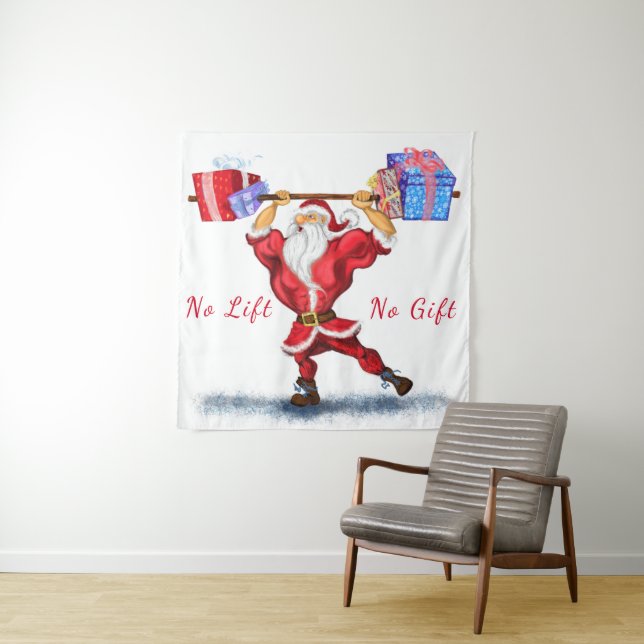 Tenture Christmas Tapestry Bodybuilder Santa with Gifts (En situation)