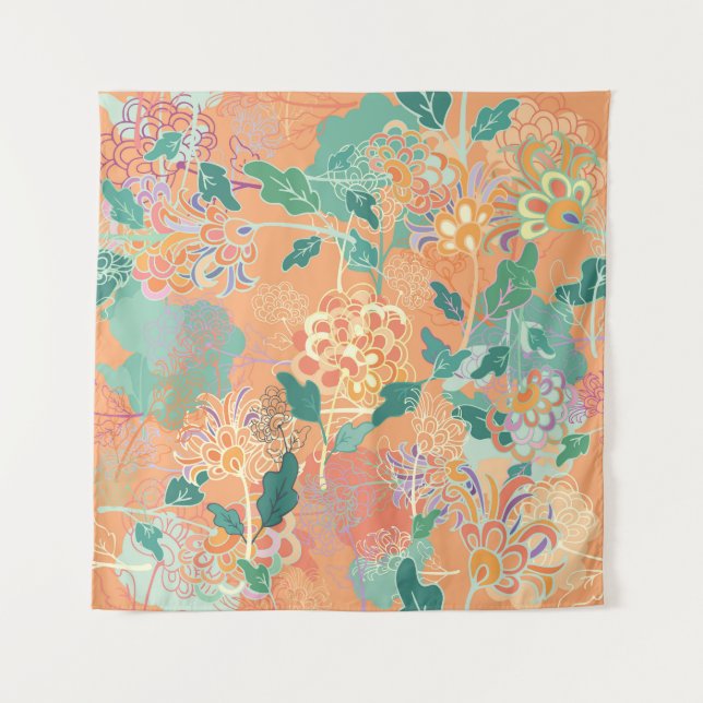 Tenture Chrysanthème chinois : motif orange floral. (Devant)