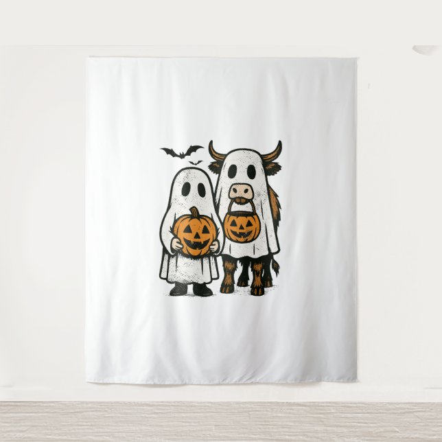 Tenture Chute Cute Vache Highland Ghost Halloween (Devant)