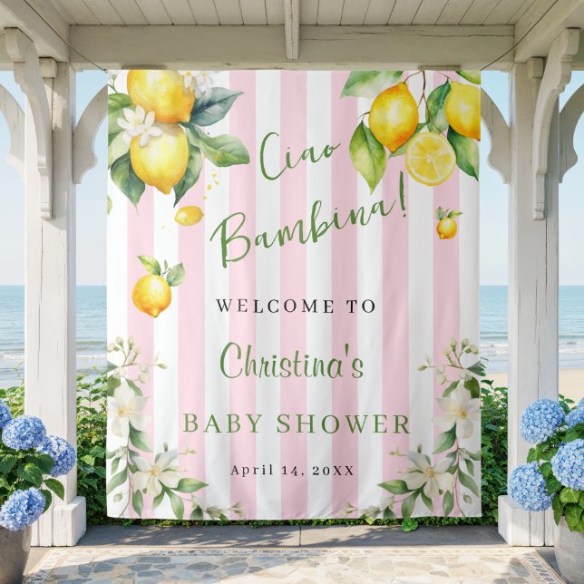 Tenture Ciao Bambina Baby Shower Pink Lemons Backdrop (Cuao Bambina Baby shower Pink Stripe and citrus lemon backdrop)