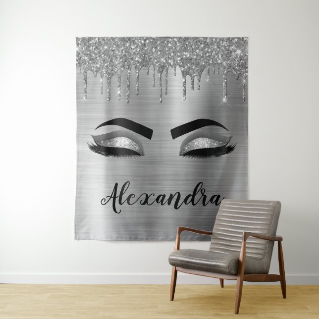 Tenture Cils Monogramme Nom Paillettes Brillantes Argent (En situation)