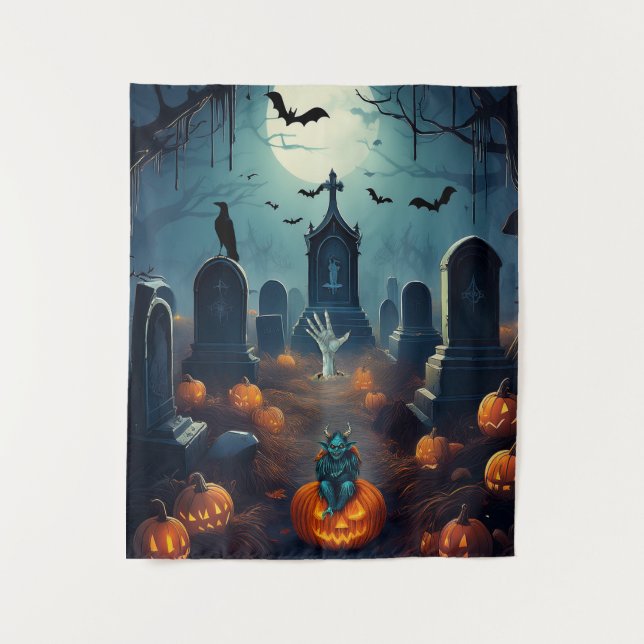 Tenture Cimetière ensorcelé d'Halloween effrayant (Devant)