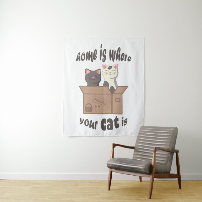 Tenture Citation drôle Accueil est où est votre chat (En situation)