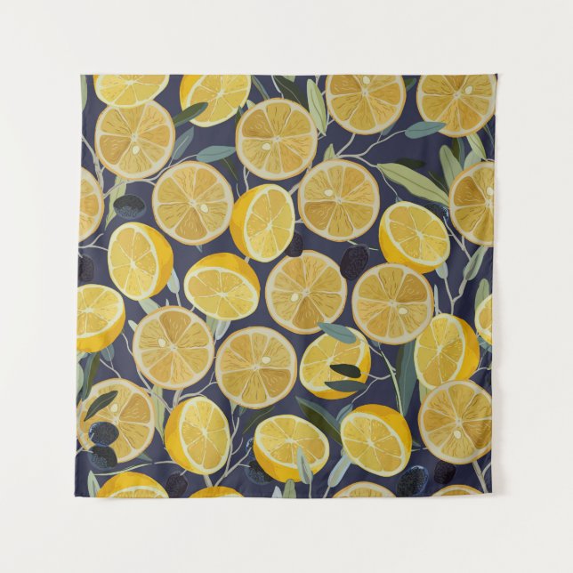 Tenture Citron, branche d'olivier, vintage sans couture. (Devant)