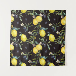 Tenture Citron, branches d'olivier : motif aquarelle.