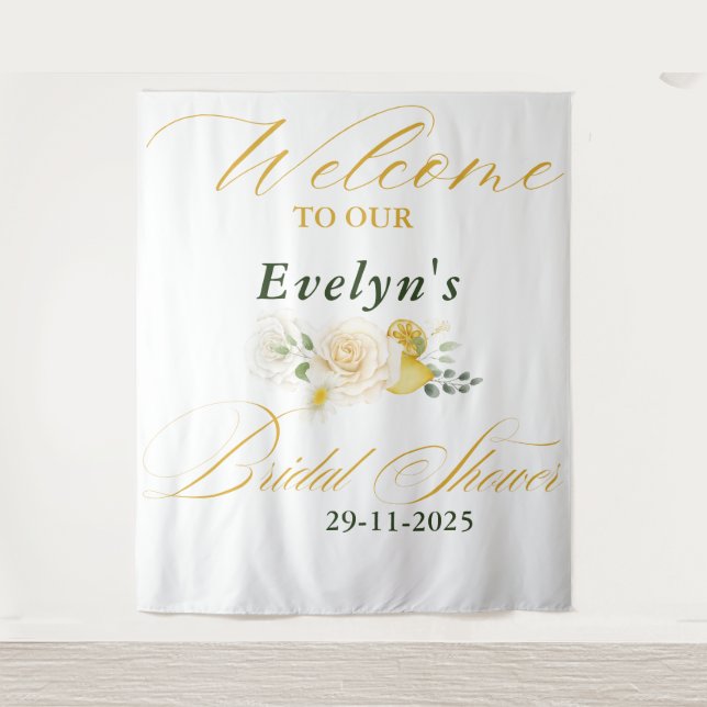 Tenture Citron Eucalyptus Rose Élégant Mariage Script (Devant)