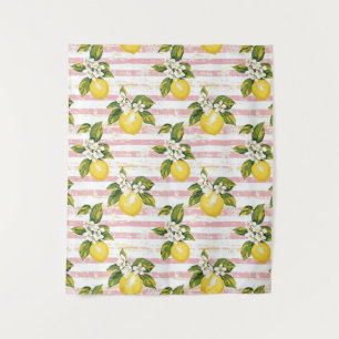 Tenture Citrons et fleurs vintages sur bandes rose et blan