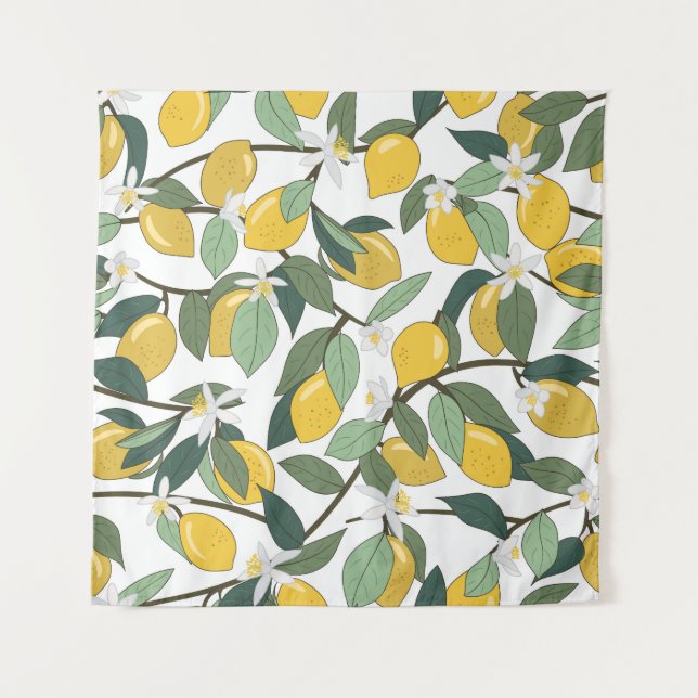 Tenture Citrons Jaunes, Impression Tropicale Sans Fil. (Devant)
