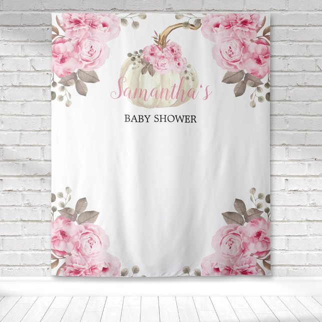 Tenture Citrouille blanche Fête bébé florale aquarelle ros (A little pumpkin is on the way baby shower backdrop with watercolor pink floral & botanical backdrop)