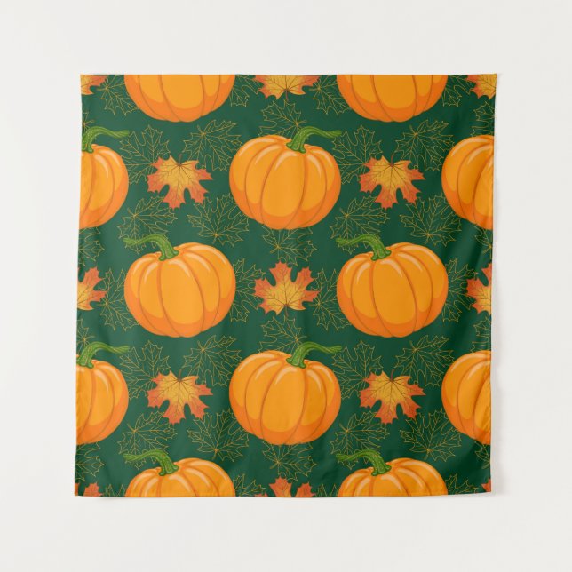 Tenture Citrouille orange dessin animé et feuilles de érab (Devant)