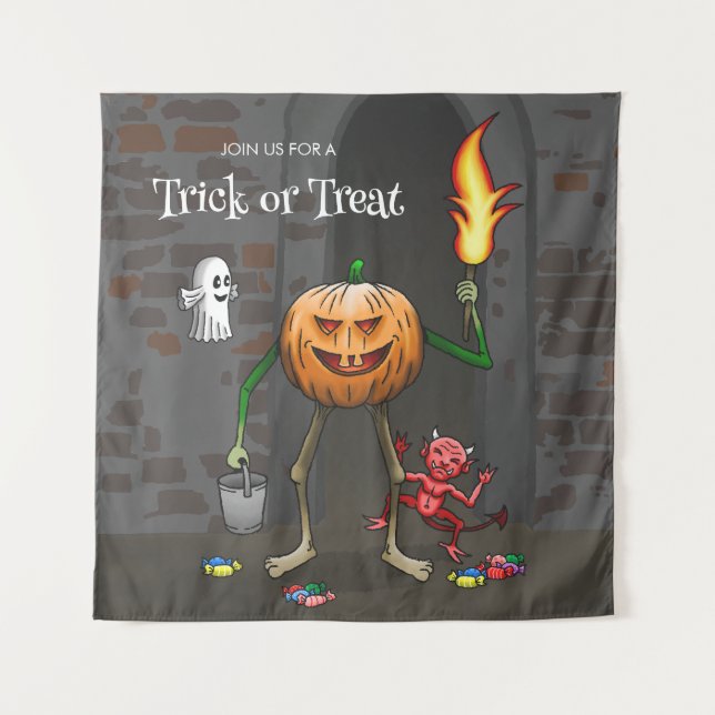 Tenture Citrouille sur un Joyeux Tour de Friandises (Devant)