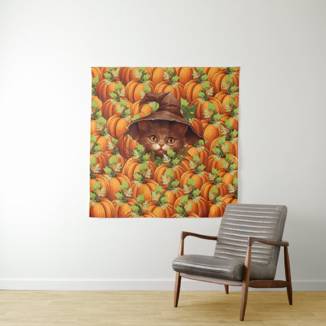 TENTURE CITROUILLES DE THANKSGIVING CHAT MIGNON (En situation)