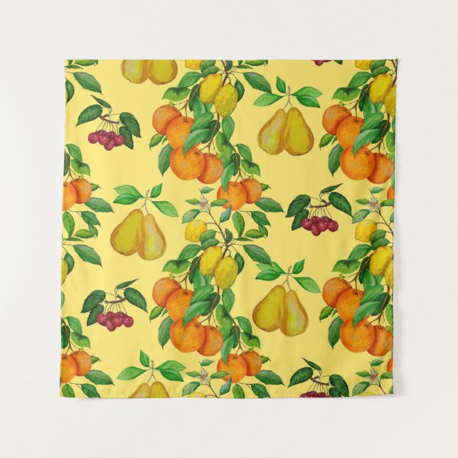 Tenture Citrus, poire, cerise : aquarelle. (Devant)