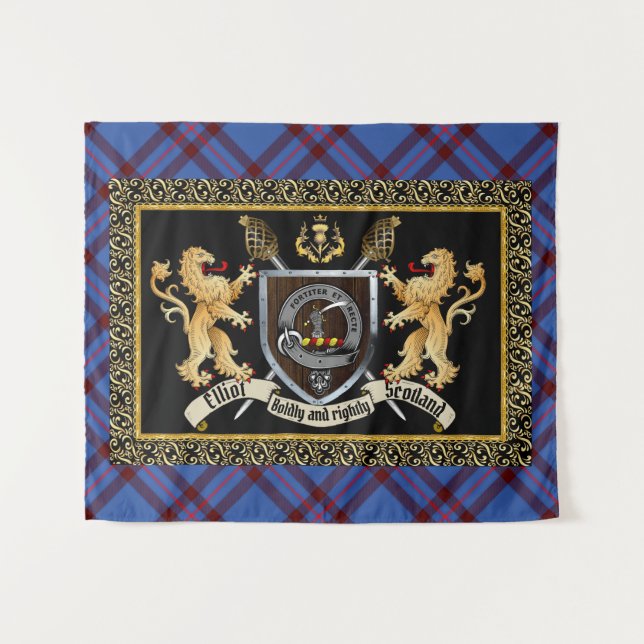 Tenture Clan Elliot Badge & Devise avec Lions (Devant (Horizontal))