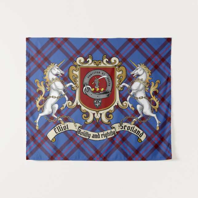 Tenture Clan Elliot Badge & Unicorns avec Tartan (Devant (Horizontal))