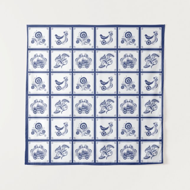 Tenture Classic Dutch Blue Delft Tile Floral & Bird (Devant)