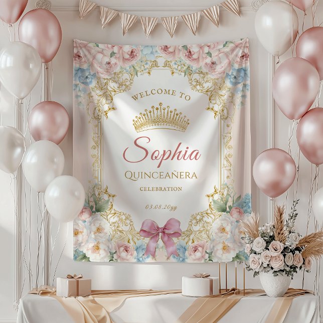 Tenture Classique Bow rose Floral Quinceanera Bienvenue (Classy Pink Blue Floral Quinceanera Welcome Tapestry)